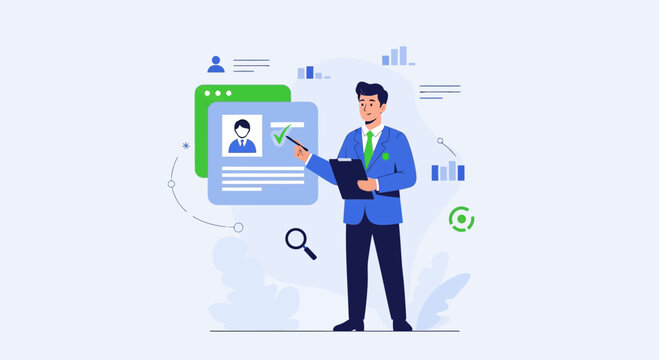 Businessman reviewing profile on screen, recruitment, hr, analytics, data, checklist, job search