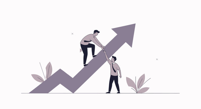 Two businessmen climbing growth arrow.