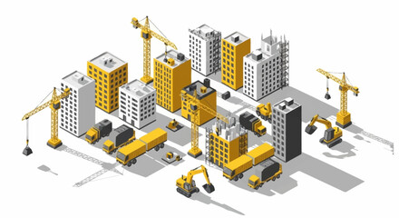 Isometric view of a city under construction with cranes, excavators, and trucks. © Bunga