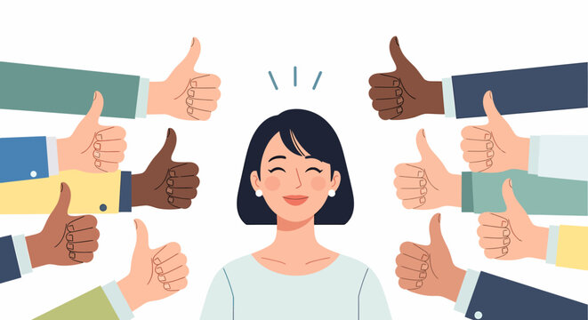 Woman Surrounded by Thumbs Up Approval.