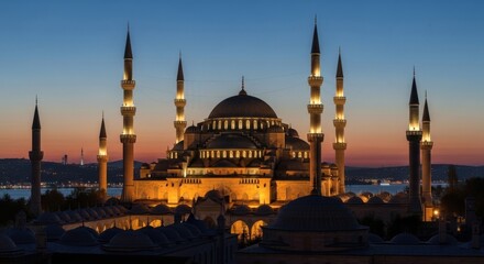 Obraz premium Blue hour of sultan ahmed with illuminated minarets and city skyline