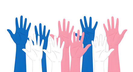 Fototapeta premium Many colored hands raised up in solidarity on transparent background