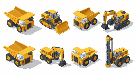 Set of isometric construction vehicles and heavy machinery on a white background. © Buka