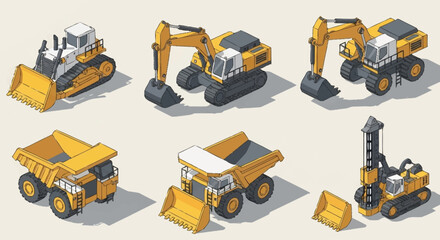 Collection of isometric construction and mining vehicles including excavators, dump trucks, and a bulldozer. © Buka
