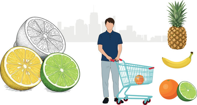 Fresh fruit shopping illustration with man pushing cart and citrus slices pineapple banana and orange isolated on white background