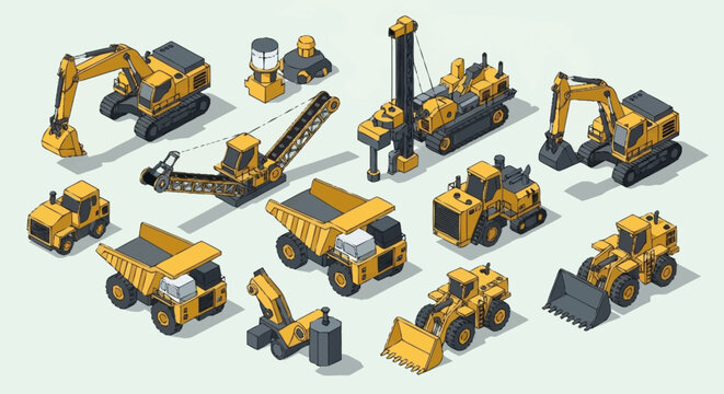 Collection of isometric construction and mining vehicles and equipment, rendered in yellow and grey.