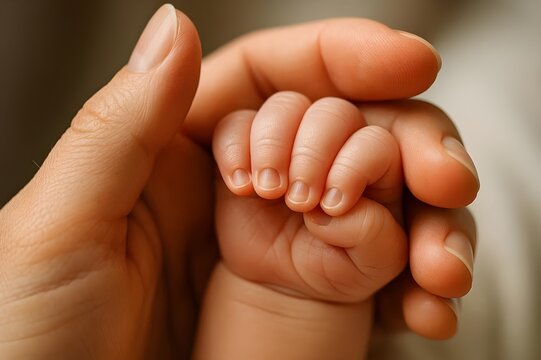 Macro Close Up of Tiny Newborn Baby Hand Holding Mother's Finger Representing Trust and Protection