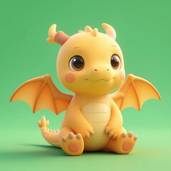 Naklejka premium Cute Yellow Cartoon Dragon Baby Character Sitting with Big Eyes and Small Wings on Solid Green Background