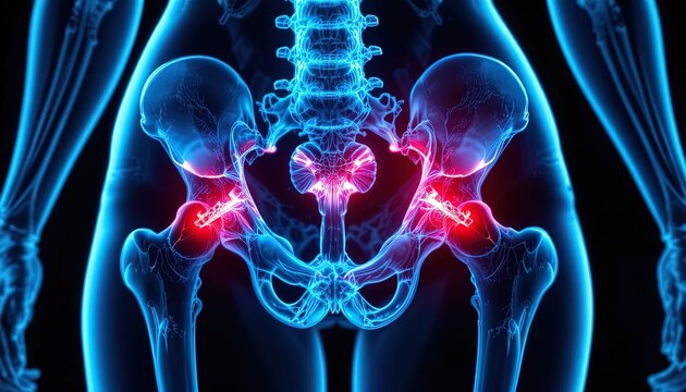Hip Joint Pain Indication Illustration with Skeleton and Red Highlight on Pain Area
