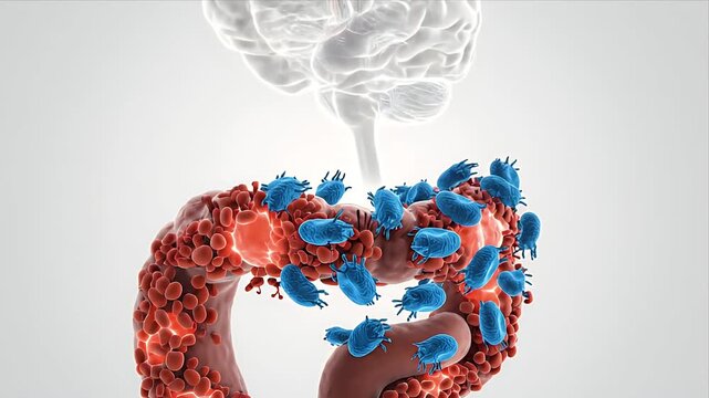 3D CGI Microscopic Animation of Intestinal Villi with Microbes in Medical Education Style with Bright Lighting and Neutral Background