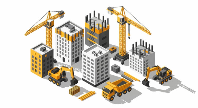 Construction site with buildings under development, cranes, excavators, and dump trucks in isometric view.
