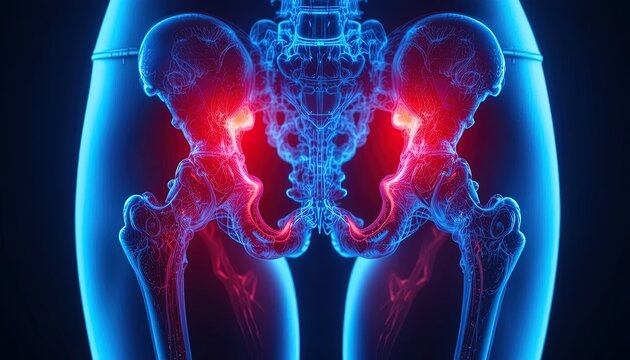 Human Pelvis Bone Structure with Pain Indication in Red, Detailed Medical Illustration, Skeletal System Anatomy