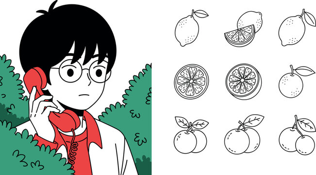 Healthy eating concept with person eating apple and fruit icon collection citrus slices peaches minimal line vector illustration set