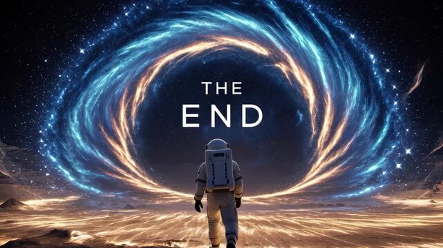 Astronaut walking towards a glowing cosmic portal on a barren alien landscape with 'THE END' text overlay