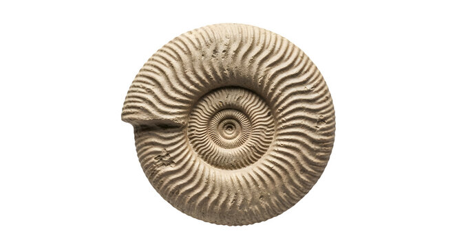 Fossilized ammonite shell with spiral ridges on a clean transparent background