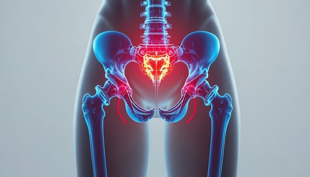 Human Pelvis and Spine Showing Pain in Sacroiliac Joint in Blue and Red, Anatomical Illustration