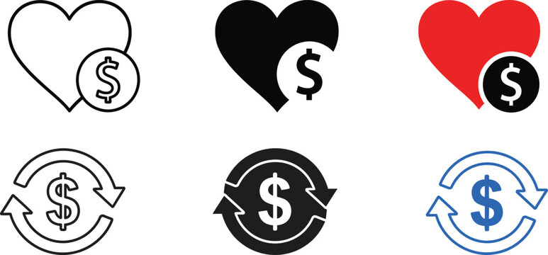 Love and money in business heart dollar sign icon set for financial success