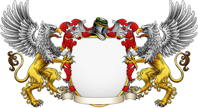 Griffin or gryphon coat of arms or crest family heraldry medieval heraldic knight shield. With helmet and acanthus filigree scroll ornament in a vintage woodcut style.