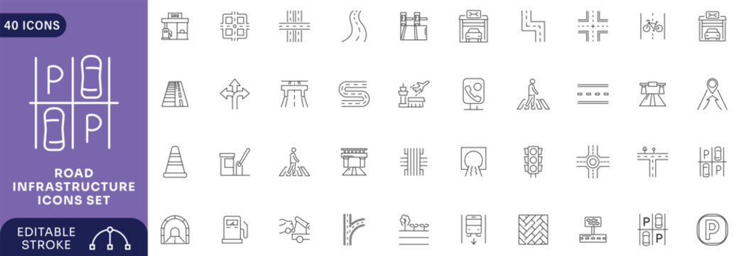 Road infrastructure icon set. line Icon Collection. Editable stroke.