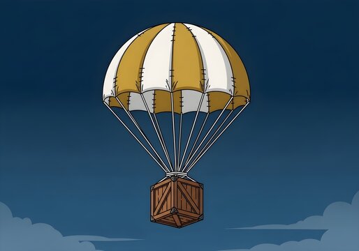 Wooden crate being carefully lowered from the sky with a large parachute on a cloudy day.