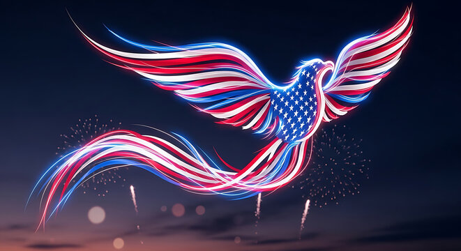 Patriotic Phoenix Bird of Prey with American Flag Colors and Neon Glow.