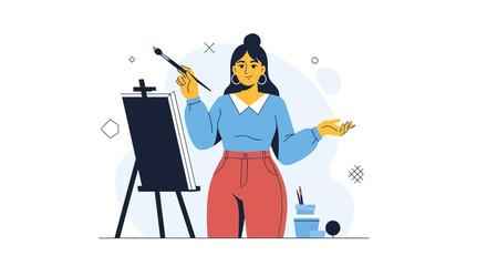 Fototapeta premium Artist painting on canvas, creative hobby, woman with paintbrush and easel, illustration