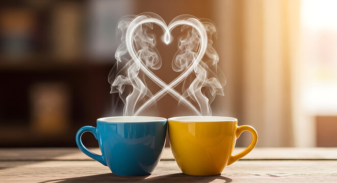 Two Cups of Coffee with Heart-Shaped Steam.