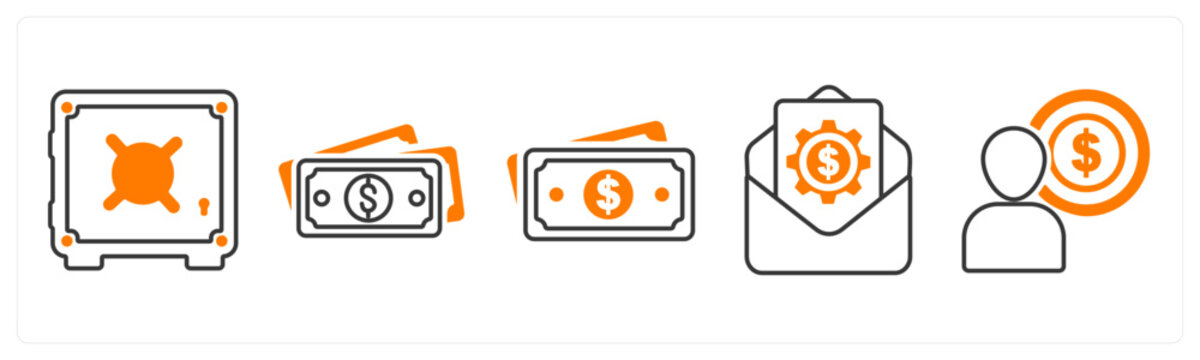 A set of 5 mix icons as locker, cash, increment lette