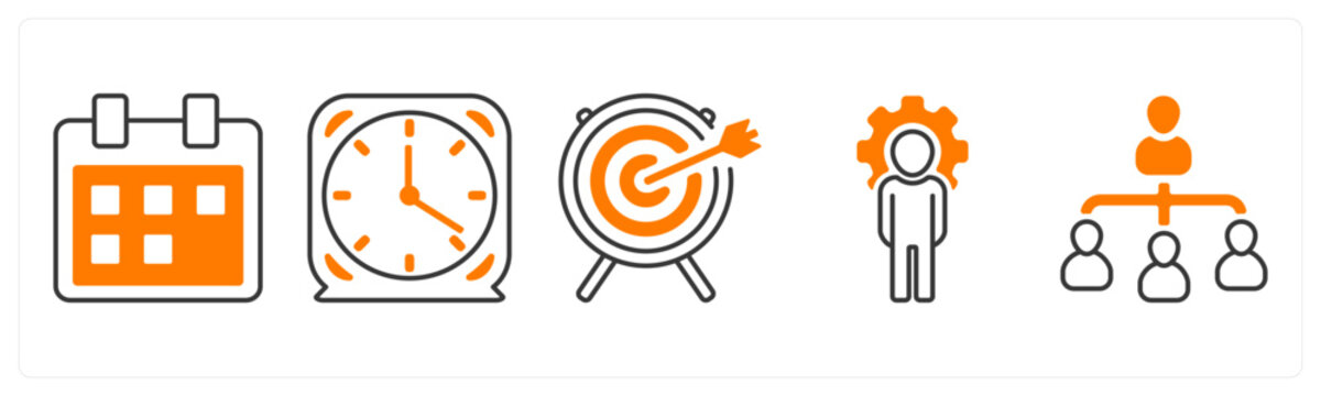 A set of 5 mix icons as schedule, clock, target
