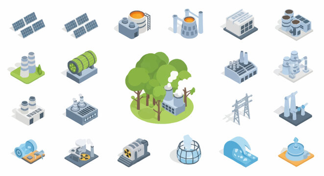 Collection of isometric industrial and energy production buildings.