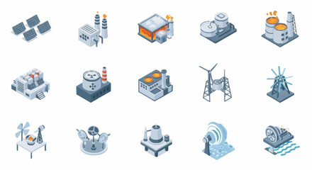 Collection of isometric industrial and energy production icons. © Nabih