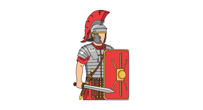 Ancient Roman soldier stands in full military armor holding a large rectangular scutum shield and a sharp gladius sword against a clean white background.