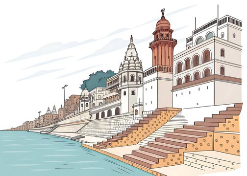 Varanasi ghats  layered steps  simplified river in minimal vector style  