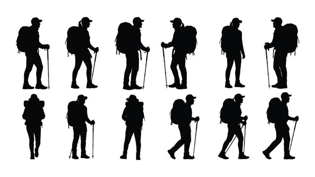 A collection of black silhouettes depicting hikers walking uphill with backpacks and trekking poles showcasing a sense of adventure high quality
