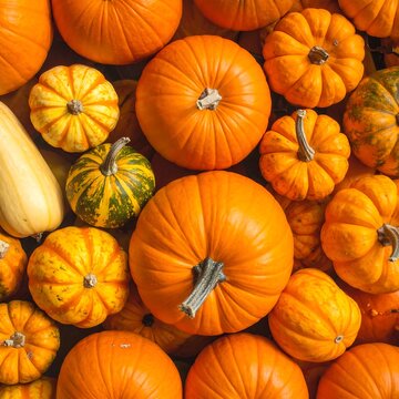 Overhead shot of a colorful assortment of pumpkins and gourds