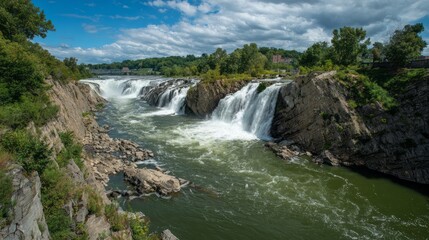 Obraz premium Powerful rapids of cohoes falls cascading over rocky cliffs on the mohawk river in new york state, scenic natural landmark and popular tourist attraction with viewing overlook in waterford near albany