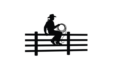 Cowboy sitting on a fence holding a rope black silhouette © SAKINA