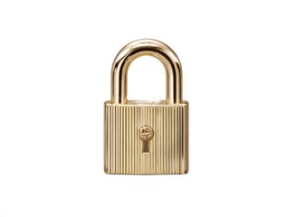 Naklejka premium Shiny brass padlock with ridged body and keyhole, isolated on white
