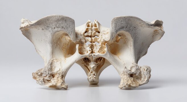Anterior view of a weathered, ivory-colored pelvic bone structure with fused vertebrae