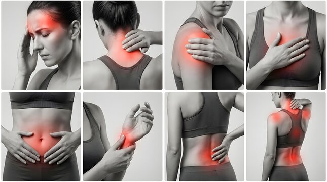 Collage of Female Body Pain Areas Highlighting Multiple Health Symptoms and Inflammation Zones