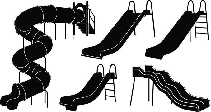 Playground equipment including slides and tunnels a black silhouette