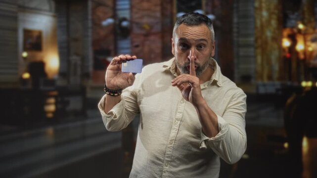 Man holding creditcard, finger to lips for silence in church building; secrecy trust discreet transaction.