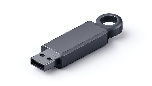 Sleek, metallic USB flash drive with a circular loop for attachment