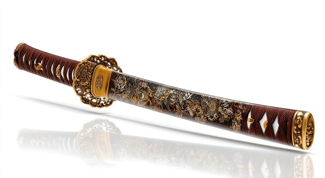 Ornate, decorated Japanese sword on a white, reflective surface
