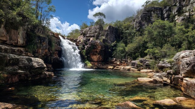 Crystal-clear turquoise santa barbara waterfall in chapada dos veadeiros, brazil, surrounded by lush cerrado tropical savanna, rugged cliffs, and pristine natural pools in a serene untouched paradise 