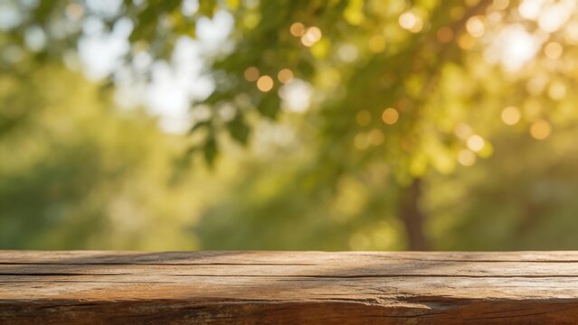 Wooden table with blurred greenery background