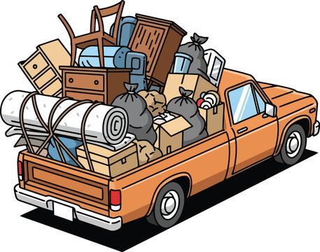 Pickup truck loaded with old furniture, mattress, and trash bags for junk removal and home cleanout service, flat vector illustration