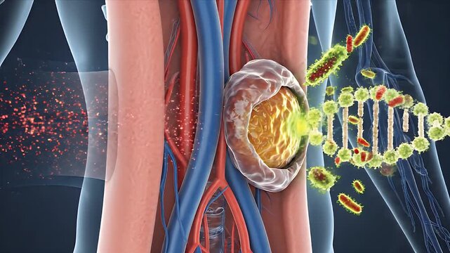 3D Medical Animation Illustrating Bacterial Infection and Atherosclerotic Plaque in Human Artery with DNA Helix Background