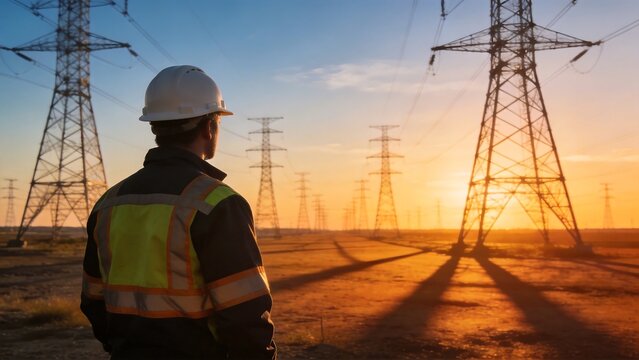 Worker in high vis jacket near power towers