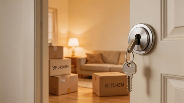 Key in door with moving boxes inside
